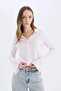 Coool Fitted Basic Solid Button Long Sleeve Crop White Shirt A0012Ax25Sp - 3