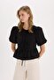 Regular Fit Round Neck Tie Front Poplin Short Sleeve Blouse E2669Ax24Au - 8