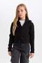 Basic Plain High Collar Zippered Black Knitwear Cardigan for Girls C9557A824Wn - 3