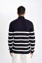 Standard Fit Stand Collar Half Zipper Striped Knitwear Sweater D3274Ax24Wn - 6