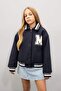 Text Printed Snap Fastener Ribbed Sleeves College Coat Girls C5406A824Au - 4