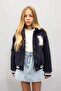 Text Printed Snap Fastener Ribbed Sleeves College Coat Girls C5406A824Au - 3
