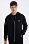 Black Relax Fit Hooded Waffle Printed Pocketed Zipper Sweatshirt (24 Au)