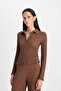 Slim Fit Polo Collar Wrinkled Long Sleeve T-Shirt - 4