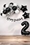 Black Concept 2-Year-Old Birthday Celebration Set; White Balloon with Black Confetti, Number Star Foil, and Bann.