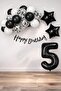 Black Concept 5Th Birthday Celebration Set; White Balloon with Black Confetti, Number Star Foil, and Bann.