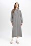 Relax Fit Striped Zipper Polo Neck Long Sleeve Maxi Dress D9062Ax24Wn