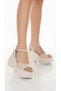 Cream High Sole Side Buckle Single Stripe Open Front Skin Summer Women's Sandals Shoes - 2