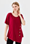 Women's Crew Neck Front Wooden Buttoned Combed Cotton T-shirt Claret Red - 2