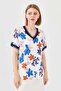 Women's V-neck Colorful Patterned Combed Cotton T-shirt Navy Blue