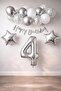 Silver Concept 4 Year Old Birthday Celebration Set White Silver Confetti Balloon Number Star Foil and Banner