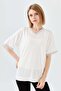 Women's V-Neck Chain Banded Combed Cotton T-shirt Bone - 2