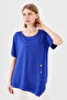 Women's Crew Neck Front Wooden Button Combed Cotton T-shirt Cobalt Blue - 2