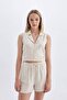 Fitted Pajama Collar Linen Blend Sleeveless Shirt A6858Ax24Hs
