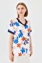 Women's V-neck Colorful Patterned Combed Cotton T-shirt Navy Blue - 7
