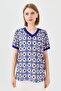 Women's V-neck Colorful Patterned Combed Cotton T-shirt Blue - 8
