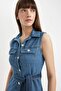 Shirt Collar Sleeveless Belted Jean Midi Dress B5432Ax24Sm - 5