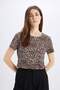 Long Fit Crew Neck Leopard Print Short Sleeve Combed Cotton t Shirt U1778Az24Sm - 3