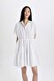 Shirt Collar Gathered Waist Poplin Short Sleeve Mini White Dress C5698Ax24Sm - 3