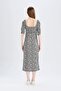 Bodycon Body-Hugging Square Neck Floral Slit Wrinkled Textured Half Sleeve Midi Dress Z5262Az24Sp - 6