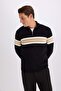 Black Standard Fit Regular Cut Stand Collar Zippered Striped Knitwear Sweater Y4193Az23Wn - 4