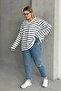 Women's V-Neck Plus Size Oversized Fit Wide Tunic Oversized Slit Striped Long Sleeve Curve Soft Blouse - 2