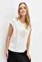 Women's Zero Collar Front Jewelled Anchor T-Shirt Ecru - 4