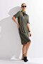 Women's Shirt Collar Combed Cotton Dress Khaki - 7