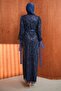Navy Blue Beaded Sequined Belted Evening Dress - 4