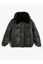 Faux Leather Puffer Jacket with Detachable Collar Faux Sheep Pockets - 3