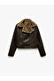 Faux Cured Leopard Print Faux Leather Biker Jacket with Zippered Pockets - 4