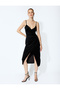 Velvet Dress Glitter Midi Length Slit Detailed Strap V-Neck Draped - 3