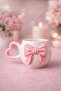 Heart Handle 3D Pink Bow D Patterned Special Embossed Fully Handmade Ceramic Mug