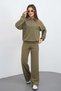 Women's Khaki Color Tracksuit Set Oversize Zippered Sweatshirt Pants - 2