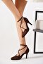 Polenas Front Open Side Open Crossed Women's Heeled Shoes Brown Suede - 4
