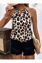Women's Sleeveless Ring Detailed Leopard Patterned Single Jersey Blouse - 3