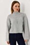 Women's turtleneck knit sweater with stone and pearl embellishments - grey