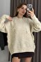 Women's ribbon detailed Oversized knit sweater ecru - 2