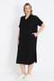Black Women Plus Size Stretch Fabric Striped Detail Pocketed Button V-Neck Slit Short Sleeve Long Dress - 3