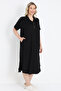 Black Women Plus Size Stretch Fabric Striped Detail Pocketed Button V-Neck Slit Short Sleeve Long Dress - 4