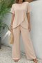 Women's Short Sleeve Crew Neck Asymmetrical Cut Detailed Wrinkled Blouse and Trousers Two-Piece Set - 2