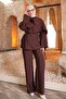 Brown Shawl Detailed Tunic Trouser Suit - 2