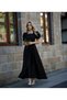 Women's Black Square Neck Watermelon Sleeve Stone Embroidered K Belt I Satin Long Evening Dress - 3