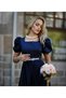 Women's Navy Blue Square Neck Watermelon Sleeve Stone Embroidered K Belt I Satin Long Evening Dress - 4