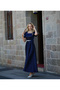 Women's Navy Blue Square Neck Watermelon Sleeve Stone Embroidered K Belt I Satin Long Evening Dress - 3