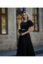 Women's Black Square Neck Watermelon Sleeve Stone Embroidered K Belt I Satin Long Evening Dress - 2