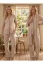 New Season Beige Design Summer Piped Full Buttoned Short Sleeve Cotton Dressing Gown Pajama Set 3-Piece Set - 3