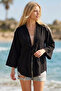 Women's Black Front Tie-Detail Kimono Shirt Arm-25Y001108