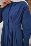 Women's Waist Pleated Shirt Collar Hidden Button Dress Navy Blue - 6