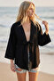 Women's Black Front Tie-Detail Kimono Shirt Arm-25Y001108 - 2